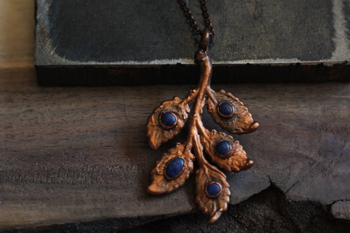 Electroformed Copper Leaf Pendant with Lapis Lazuli – Nature-Inspired Jewelry
