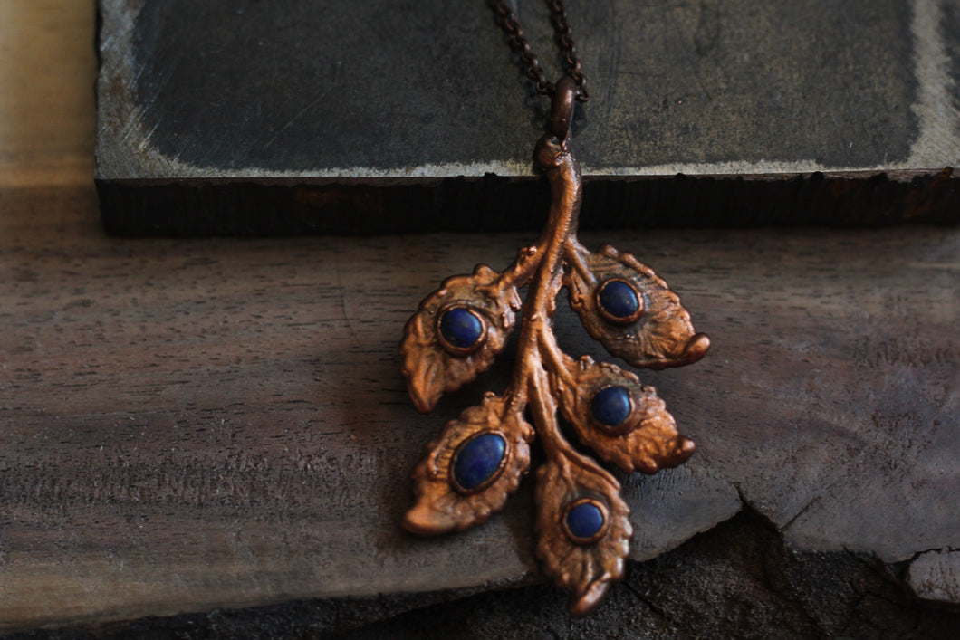 Electroformed Copper Leaf Pendant with Lapis Lazuli – Nature-Inspired Jewelry