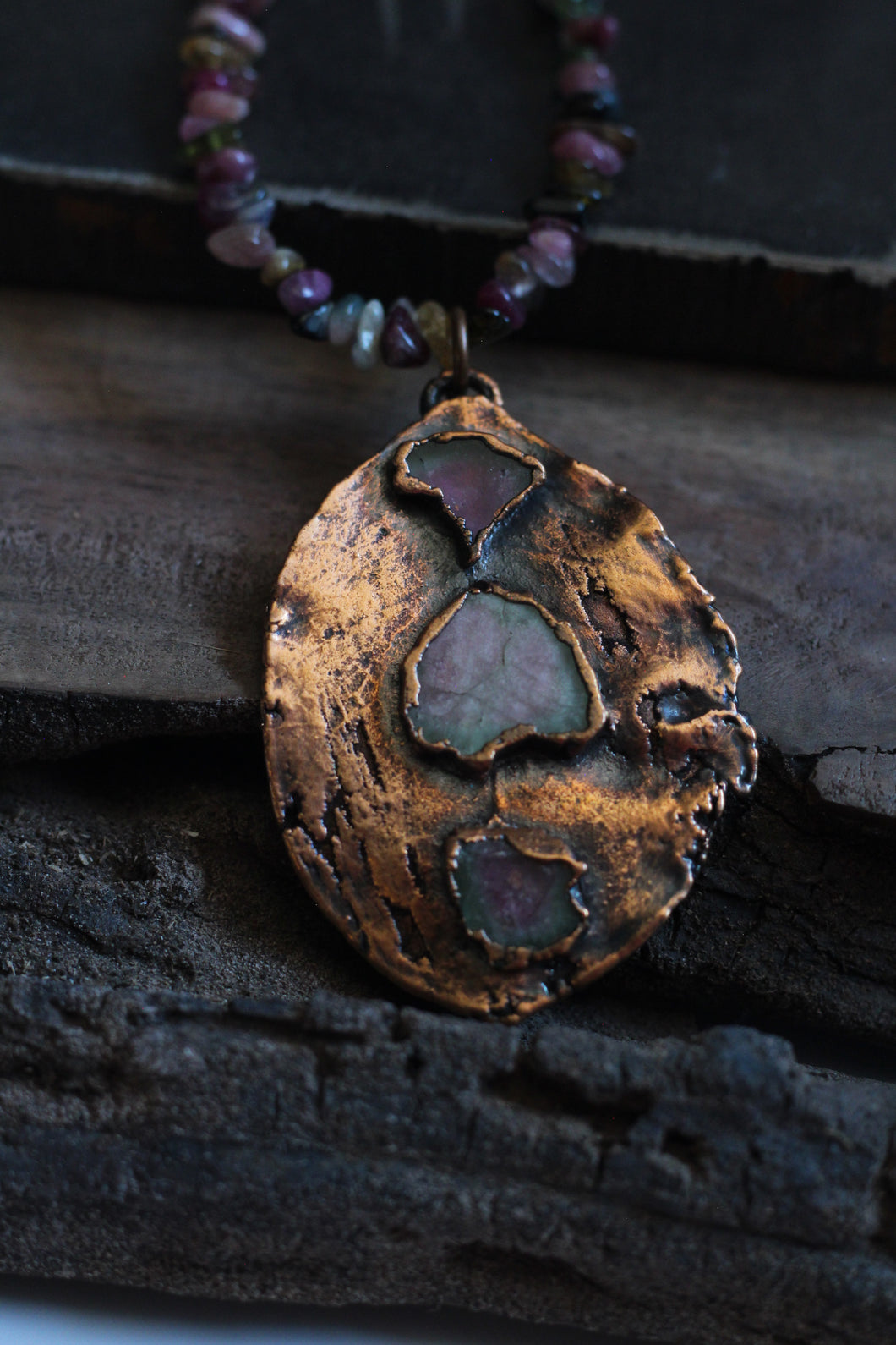 Watermelon Tourmaline Electroformed Copper Pendant Necklace – Raw Gemstone Jewelry